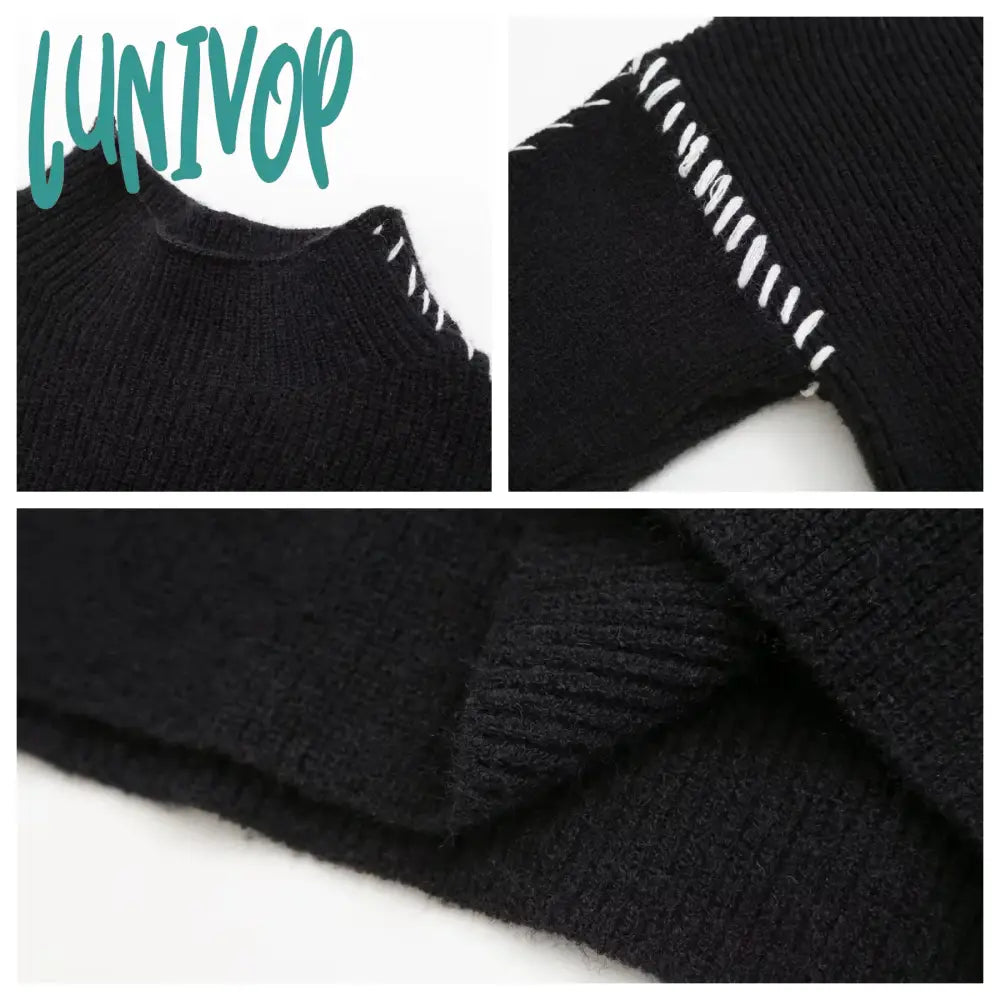 Lunivop Women Sweater Black Patchwork Loose Fashion Winter Thick Turtleneck Female Pullovers Warm