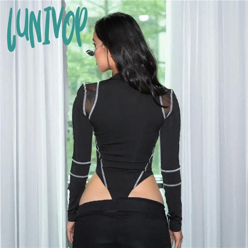 Lunivop Women Turtleneck Bodysuits Mesh Patchwork Letter Print Jumpsuit Fashion Female Workout