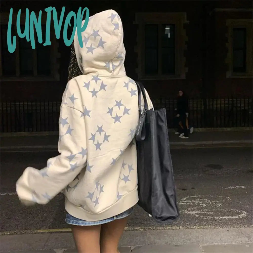 Lunivop Women Vintage Star Print Hoodies Fashion Casual Zip Up Long Sleeve Loose Jacket Coats