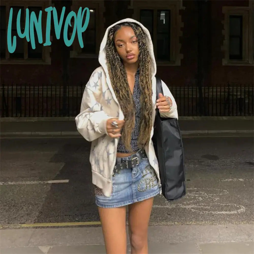 Lunivop Women Vintage Star Print Hoodies Fashion Casual Zip Up Long Sleeve Loose Jacket Coats