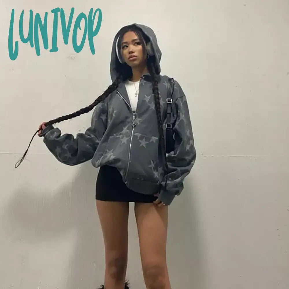 Lunivop Women Vintage Star Print Hoodies Fashion Casual Zip Up Long Sleeve Loose Jacket Coats