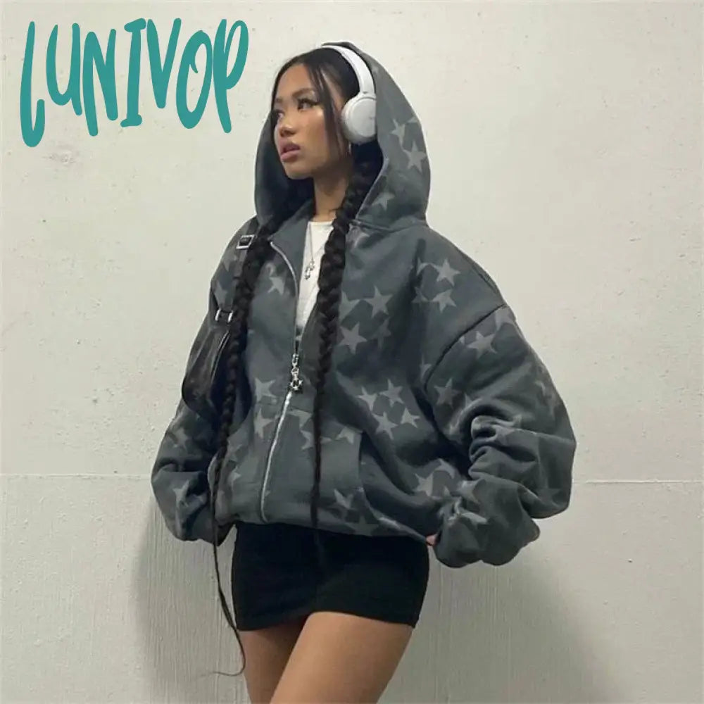 Lunivop Women Vintage Star Print Hoodies Fashion Casual Zip Up Long Sleeve Loose Jacket Coats