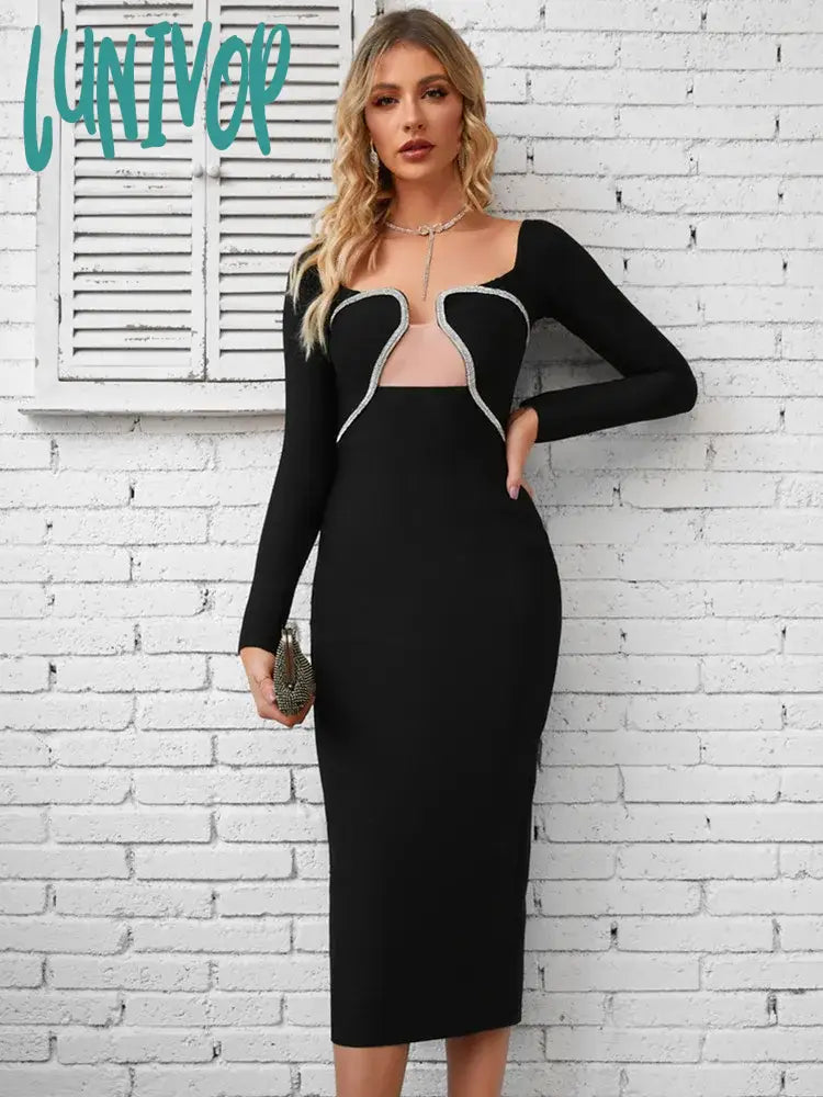 Lunivop Women Winter Sexy Long Sleeve Diamonds Black Mini Bodycon Bandage Dress Elegant Party Stage