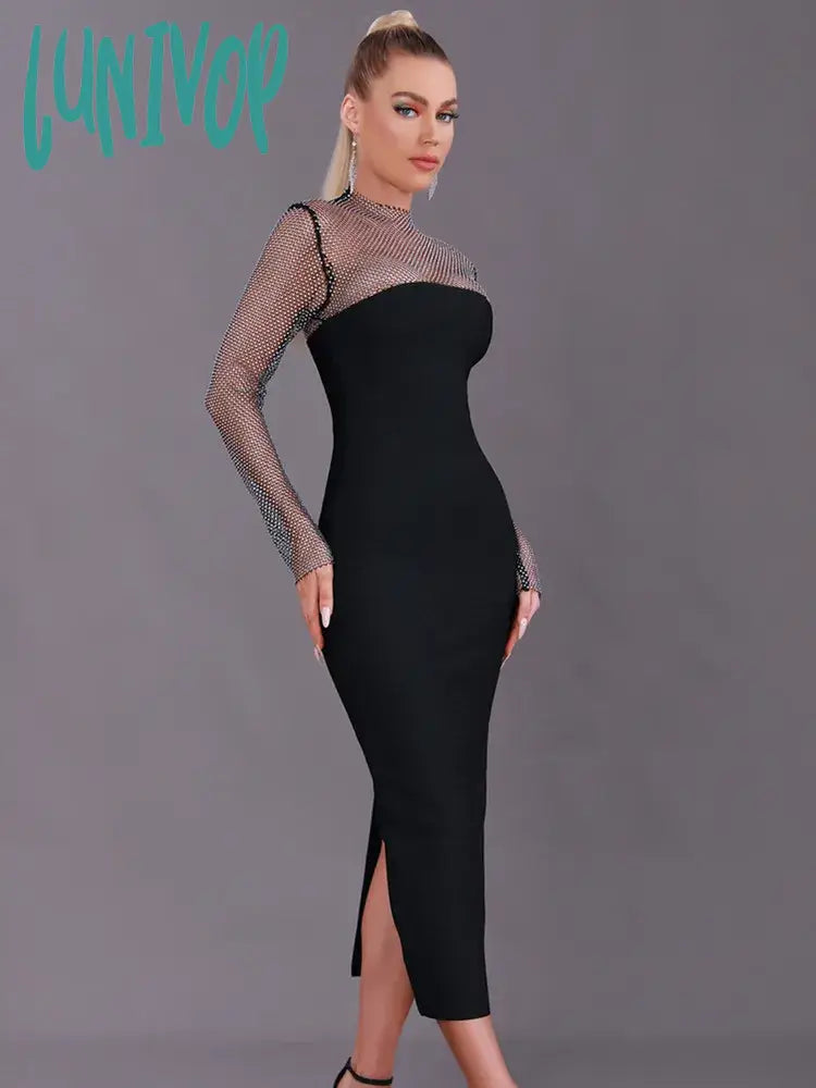 Lunivop Women Winter Sexy Long Sleeve Diamonds Sparkly Black Midi Bodycon Bandage Dress Elegant