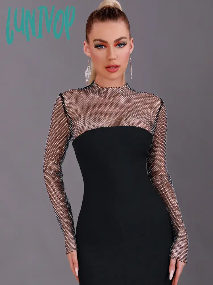 Lunivop Women Winter Sexy Long Sleeve Diamonds Sparkly Black Midi Bodycon Bandage Dress Elegant