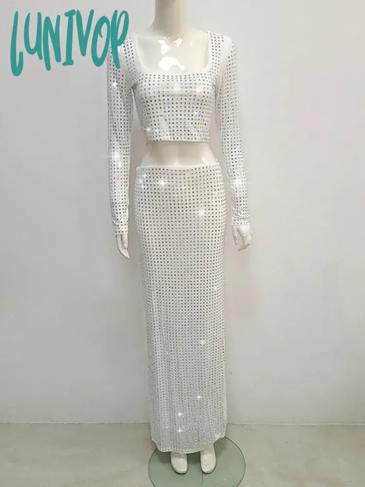 Lunivop Women Winter Sexy O Neck Long Sleeve Studded Sparkly Black White Mixi Skirt Set 2024
