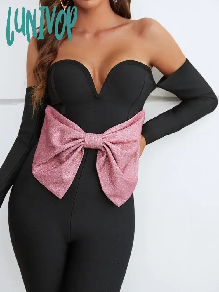 Lunivop Women Winter Style Sexy Bow Tie Off Shoulder Black Bodycon Bandage Jumpsuit Celebrity