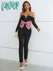 Lunivop Women Winter Style Sexy Bow Tie Off Shoulder Black Bodycon Bandage Jumpsuit Celebrity