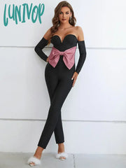 Lunivop Women Winter Style Sexy Bow Tie Off Shoulder Black Bodycon Bandage Jumpsuit Celebrity