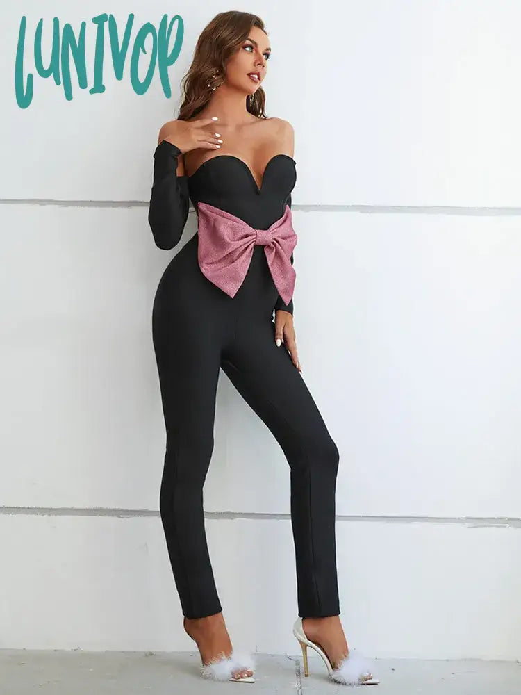 Lunivop Women Winter Style Sexy Bow Tie Off Shoulder Black Bodycon Bandage Jumpsuit Celebrity