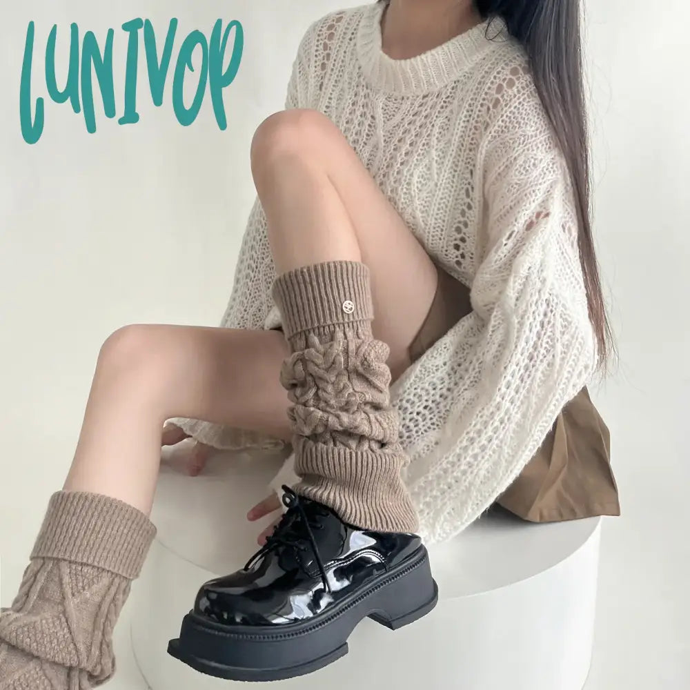 Lunivop Women Winter Warm Wool Knitted Leg Warmers Metal Label Korean Calf Socks Vintage Y2K