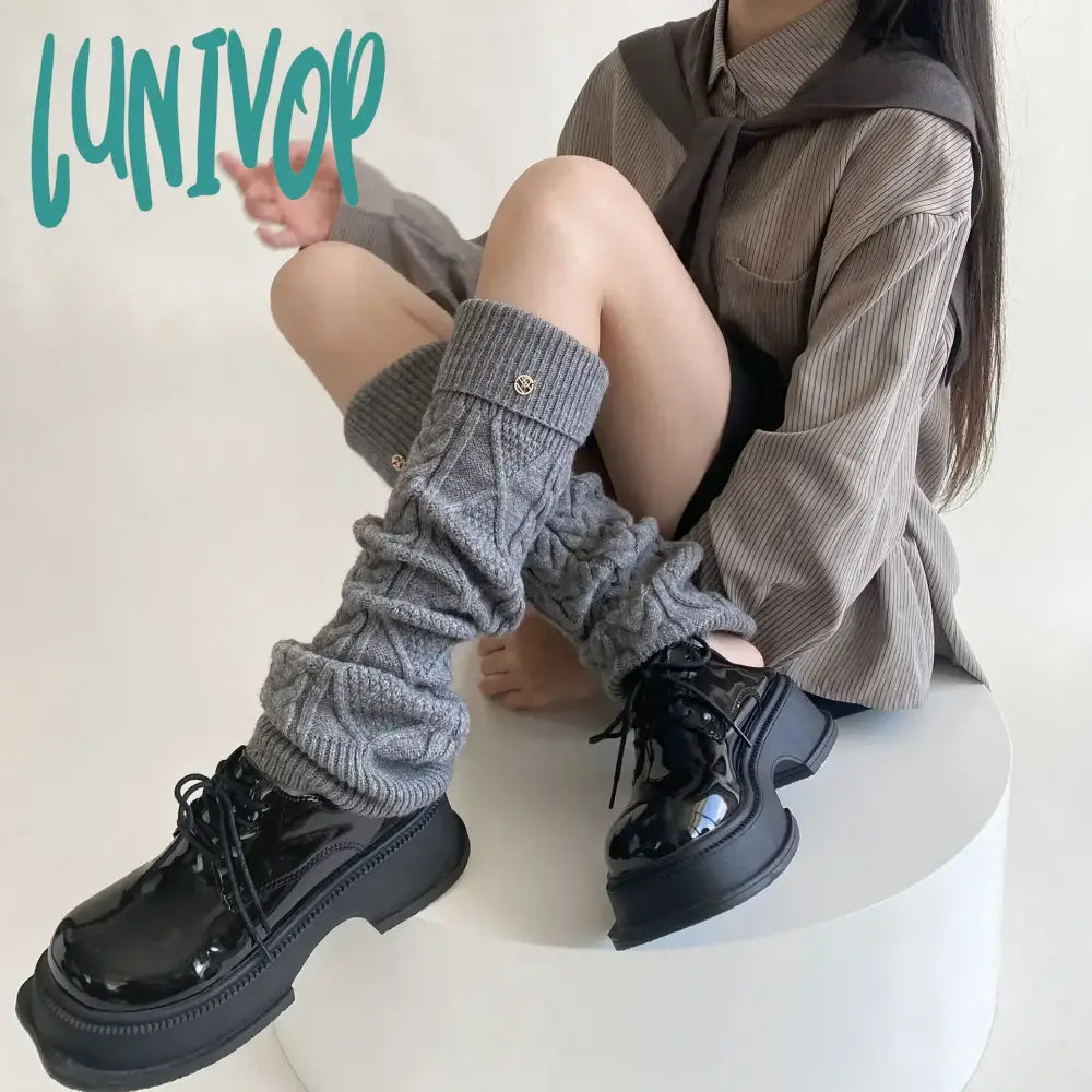 Lunivop Women Winter Warm Wool Knitted Leg Warmers Metal Label Korean Calf Socks Vintage Y2K