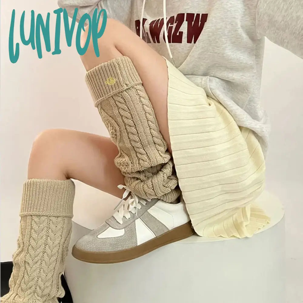 Lunivop Women Winter Warm Wool Knitted Leg Warmers Metal Label Korean Calf Socks Vintage Y2K