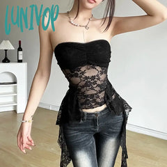 Lunivop Women Y2K Crop Lace Tube Tops Summer Ruffles Tassel Sheer Bandeau Vest Backless Shirts For