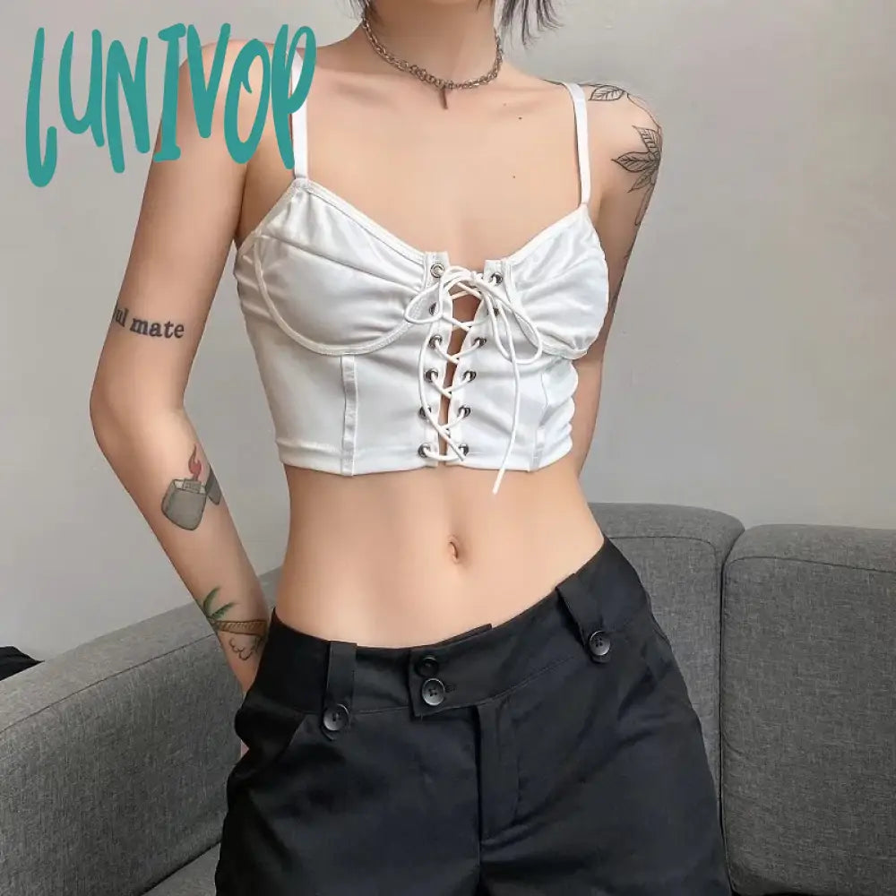 Lunivop Women Y2K Lace-Up White Tank Crop Tops Bustier Corset Sexy Adjustable Straps Chest Binder