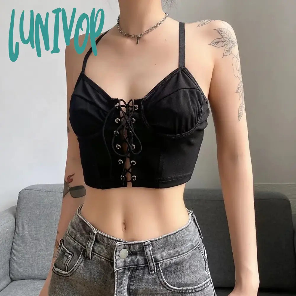 Lunivop Women Y2K Lace-Up White Tank Crop Tops Bustier Corset Sexy Adjustable Straps Chest Binder