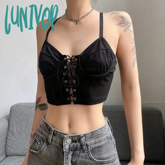 Lunivop Women Y2K Lace-Up White Tank Crop Tops Bustier Corset Sexy Adjustable Straps Chest Binder