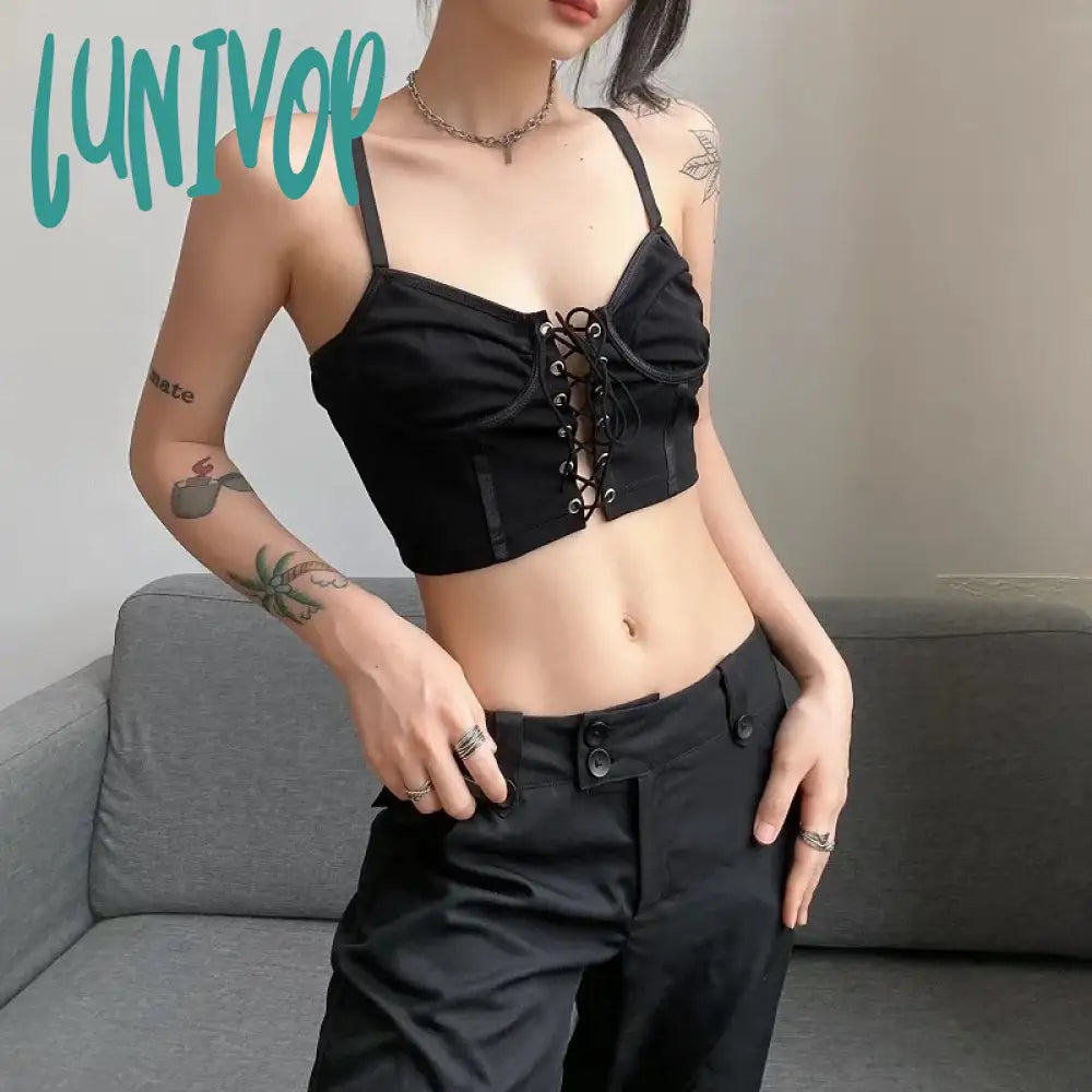 Lunivop Women Y2K Lace-Up White Tank Crop Tops Bustier Corset Sexy Adjustable Straps Chest Binder