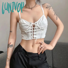 Lunivop Women Y2K Lace-Up White Tank Crop Tops Bustier Corset Sexy Adjustable Straps Chest Binder