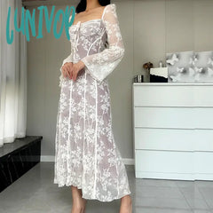 Lunivop Women Y2K Square Neck Lace Dress Tie Up Flare Long Sleeve Maxi Sexy Backless Cocktail Fairy