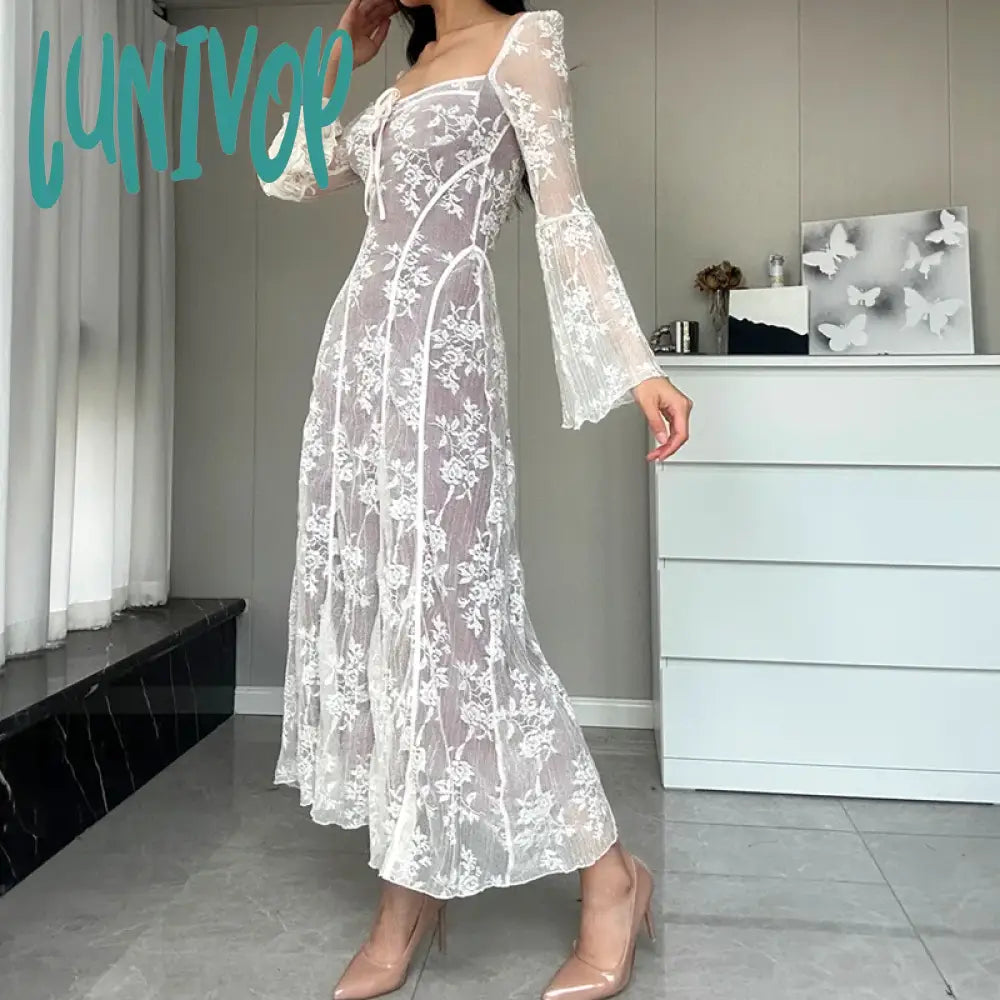 Lunivop Women Y2K Square Neck Lace Dress Tie Up Flare Long Sleeve Maxi Sexy Backless Cocktail Fairy