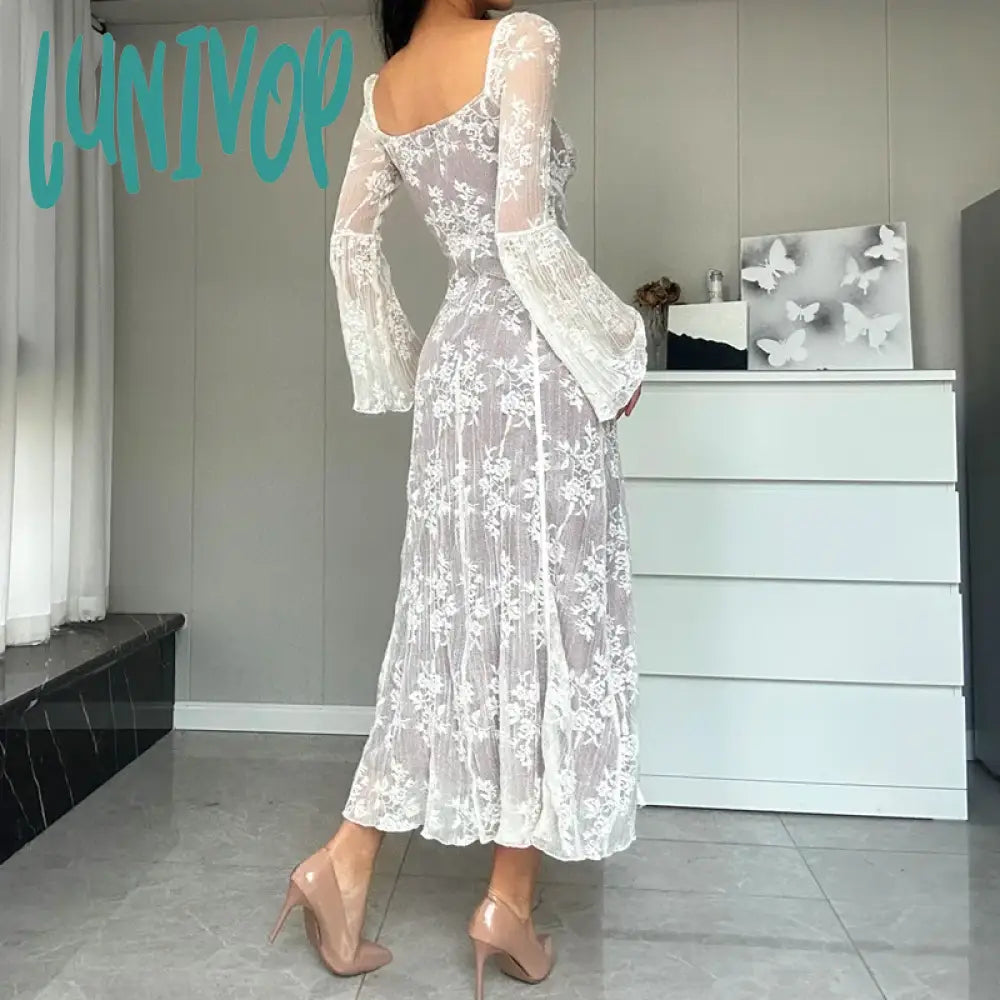 Lunivop Women Y2K Square Neck Lace Dress Tie Up Flare Long Sleeve Maxi Sexy Backless Cocktail Fairy