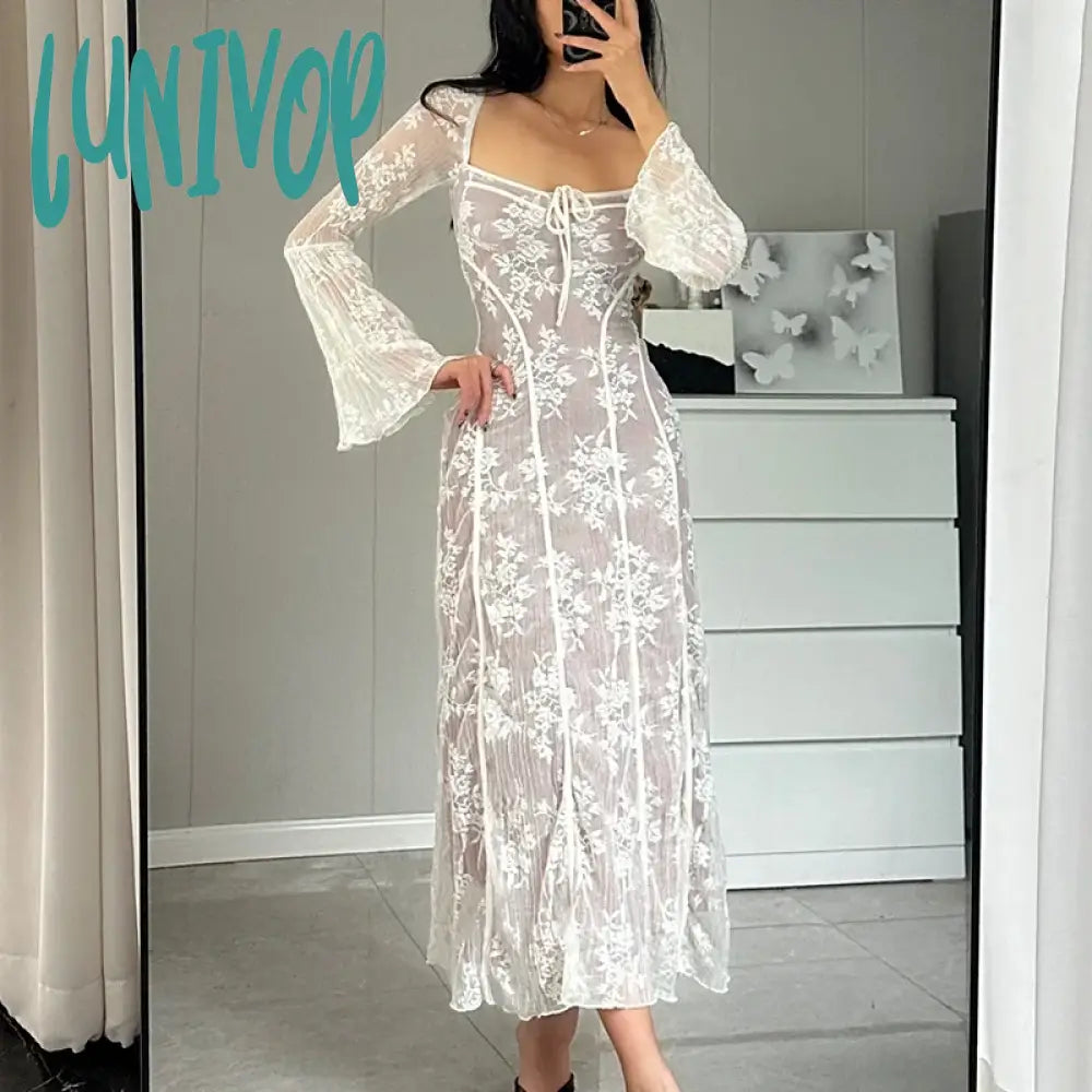 Lunivop Women Y2K Square Neck Lace Dress Tie Up Flare Long Sleeve Maxi Sexy Backless Cocktail Fairy