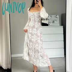 Lunivop Women Y2K Square Neck Lace Dress Tie Up Flare Long Sleeve Maxi Sexy Backless Cocktail Fairy