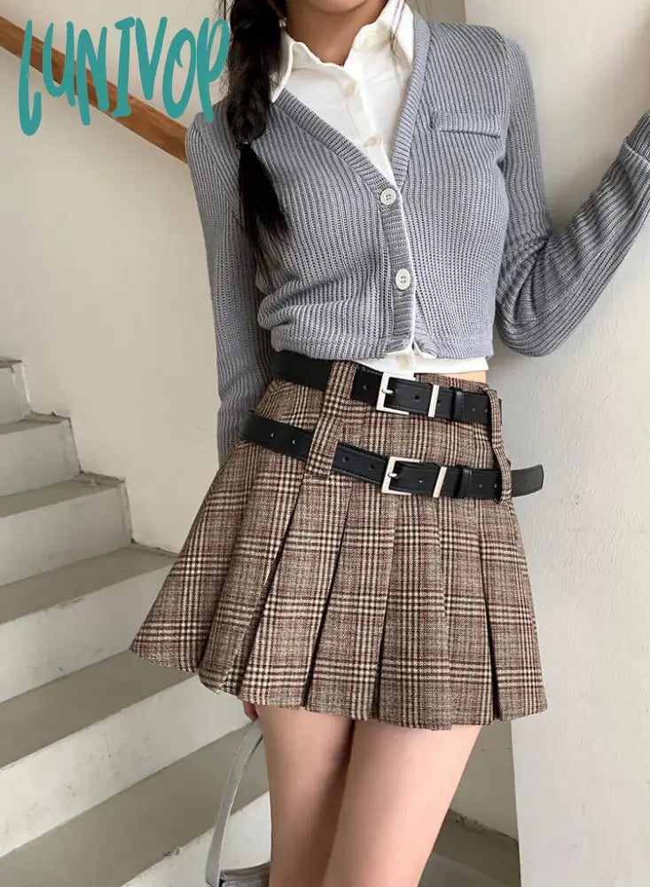 Lunivop Women’s Academy Style Checkered Pleated Short Skirt Summer And Autumn New Chic Young