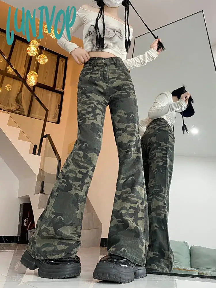 Lunivop Women’s American Retro Hiphop Camouflage Pants Spring Autumn Street Style Contrasting