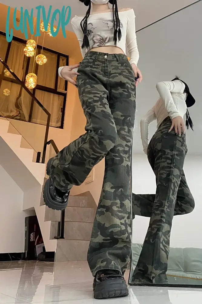 Lunivop Women’s American Retro Hiphop Camouflage Pants Spring Autumn Street Style Contrasting