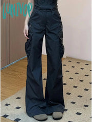 Lunivop Women’s Black Cargo Flare Pants Harajuku Streetwear Baggy Y2K 2000S 90S Aesthetic Emo
