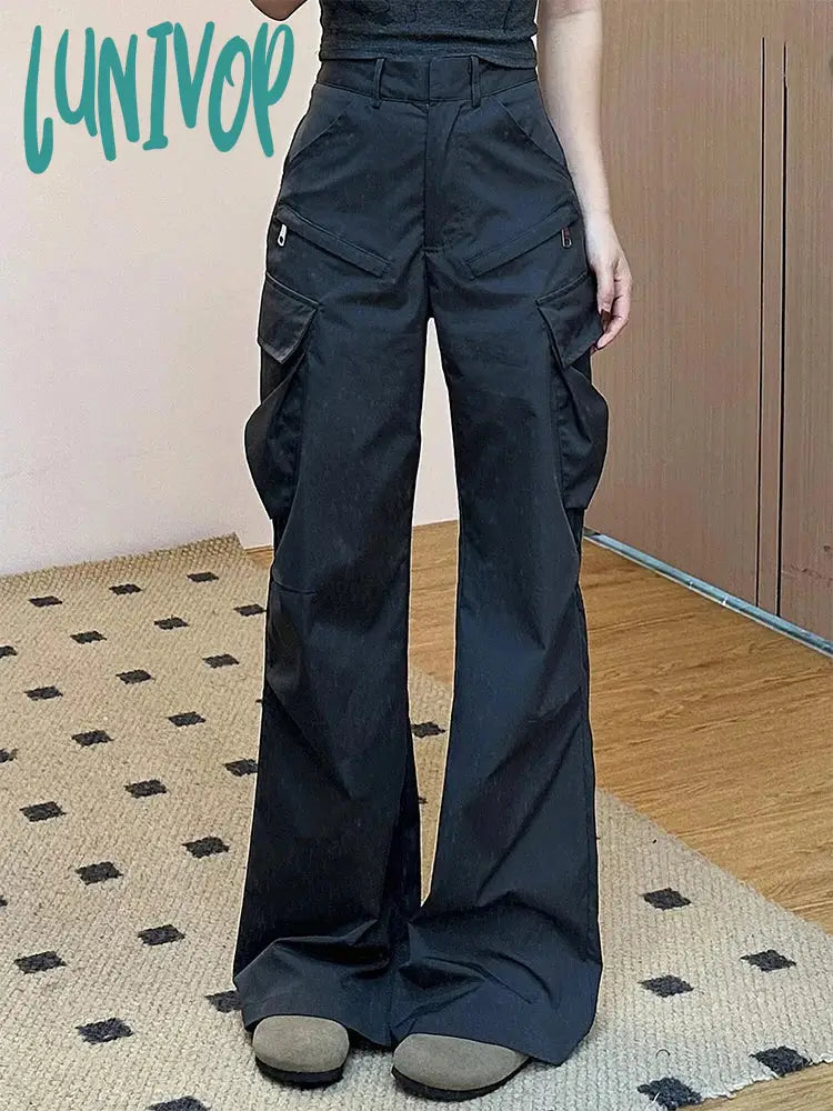 Lunivop Women’s Black Cargo Flare Pants Harajuku Streetwear Baggy Y2K 2000S 90S Aesthetic Emo