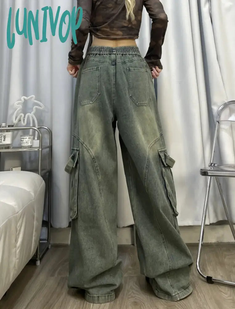 Lunivop Women’s Blue Cargo Jeans Baggy Harajuku Y2K 90S Aesthetic Oversize Denim Trousers Korean