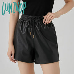 Lunivop Women’s Elastic Waist Strap Black Pu Leather Shorts New Vintage Wide-Leg Short Trousers