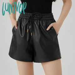 Lunivop Women’s Elastic Waist Strap Black Pu Leather Shorts New Vintage Wide-Leg Short Trousers
