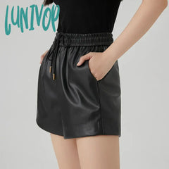 Lunivop Women’s Elastic Waist Strap Black Pu Leather Shorts New Vintage Wide-Leg Short Trousers