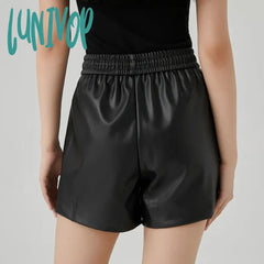 Lunivop Women’s Elastic Waist Strap Black Pu Leather Shorts New Vintage Wide-Leg Short Trousers