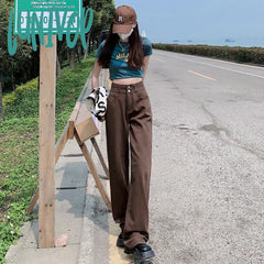 women’s fall fashion 2024 American Retro Brown Wide-Leg Jeans Women's Summer New High Waist Slimming Straight Mop Pants Fashion