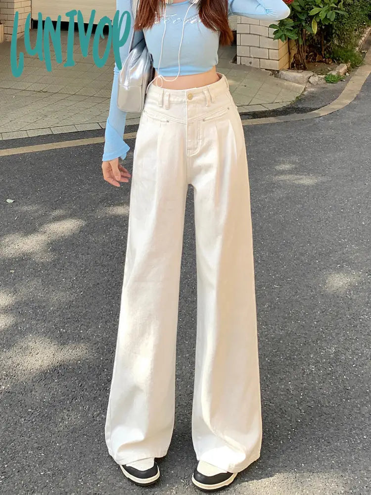 women’s fall fashion 2024 Creamy-white Jeans Women's Spring and Autumn 2024 New High Waist Slimming Narrow Wide Leg Pants Loose Straight Mop Pants