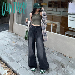 women’s fall fashion 2024 Retro Black and Gray High Waist Wide Leg Jeans Women's New American High Street Loose Draping Mop Straight Pants Fashion