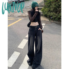 women’s fall fashion 2024 Retro Black and Gray High Waist Wide Leg Jeans Women's New American High Street Loose Draping Mop Straight Pants Fashion