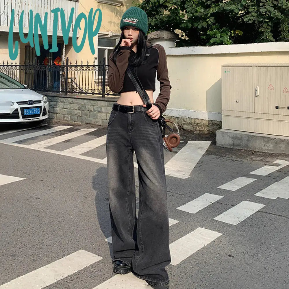 women’s fall fashion 2024 Retro Black and Gray High Waist Wide Leg Jeans Women's New American High Street Loose Draping Mop Straight Pants Fashion