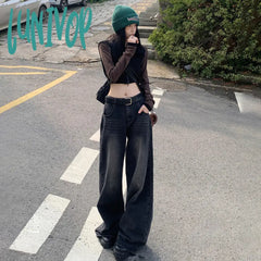 women’s fall fashion 2024 Retro Black and Gray High Waist Wide Leg Jeans Women's New American High Street Loose Draping Mop Straight Pants Fashion