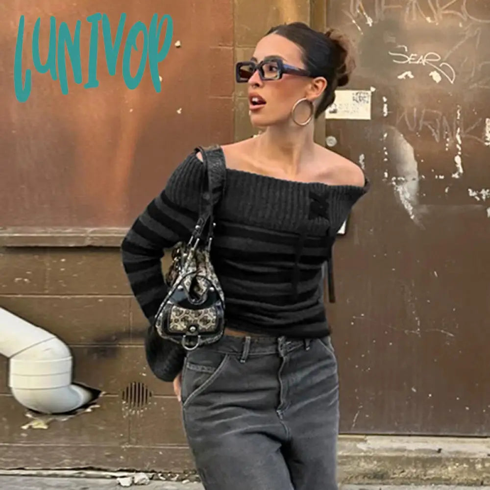 womens fashion American-Style Retro Black and Gray Striped Stitching off-Shoulder Sweater Street Style Slim-Fit Flanging Lace-up New Woolen Top