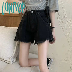 Lunivop Women’s High Waist A-Line Casual Black Denim Shorts Summer New Street Style Young