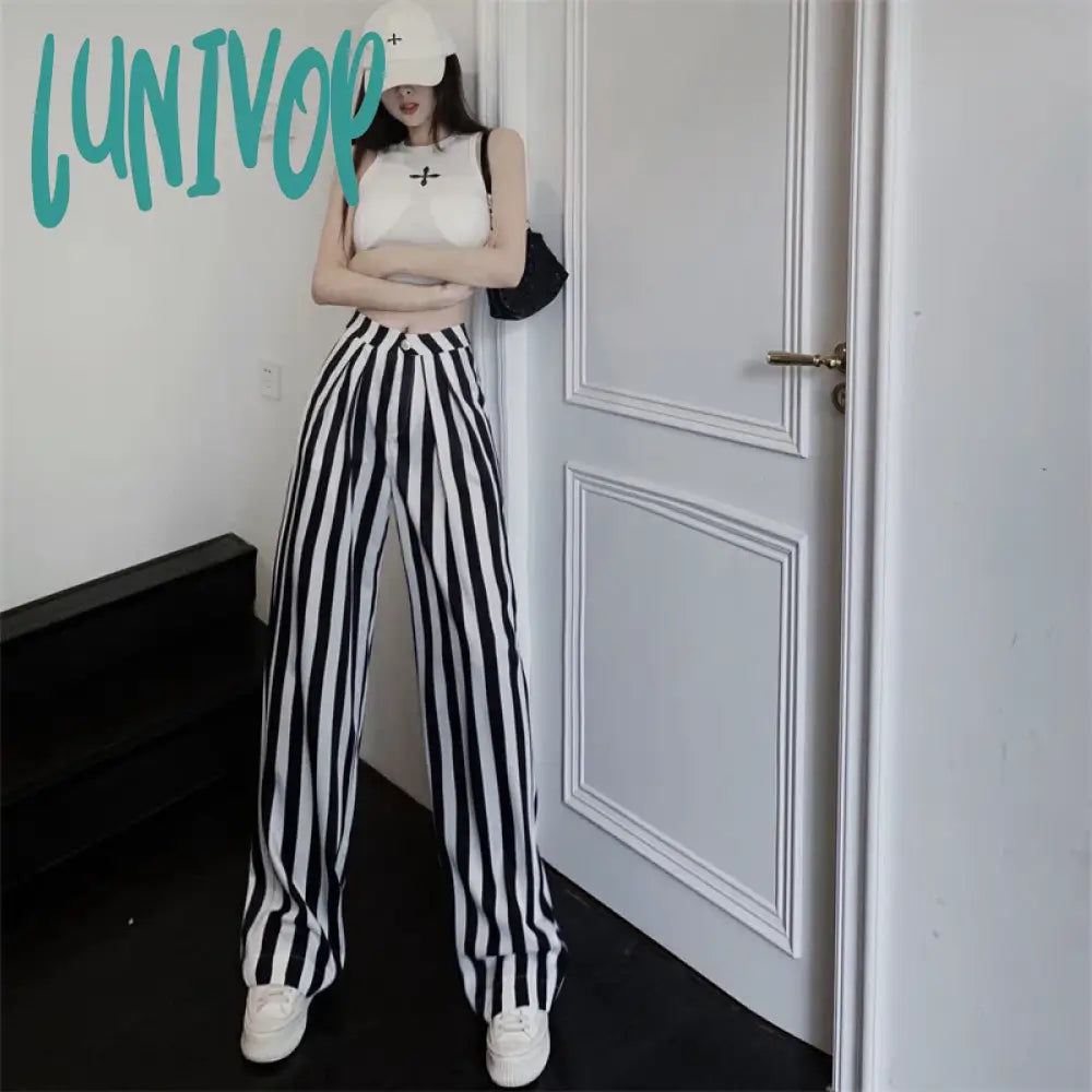 Lunivop Women’s High Waisted Black And White Striped Wide Leg Pants Summer Street Versatile