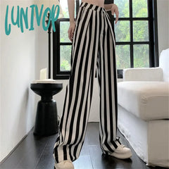 Lunivop Women’s High Waisted Black And White Striped Wide Leg Pants Summer Street Versatile