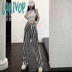 Lunivop Women’s High Waisted Black And White Striped Wide Leg Pants Summer Street Versatile