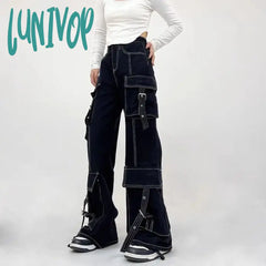 Lunivop Women’s Line Decoration Design Multiple Pockets Pants Neutral Style Jeans Vintage